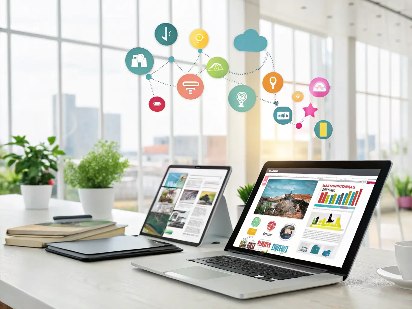 An image depicting a collection of digital resources, such as e-books, templates, and guides, related to building scalable systems and marketing engines.