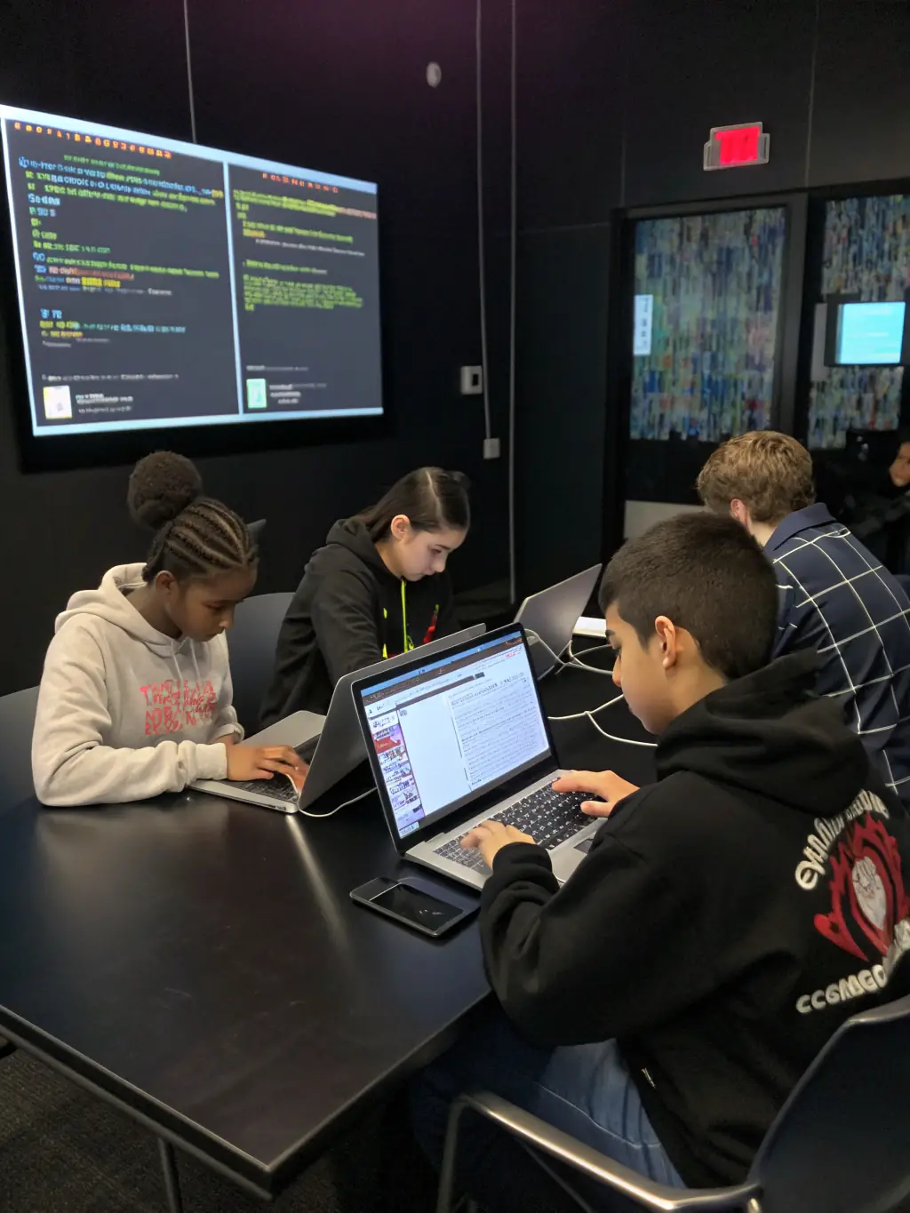 A diverse group of students collaborating on a project in a modern, tech-enabled classroom at Oz Academy, showcasing the collaborative learning environment.